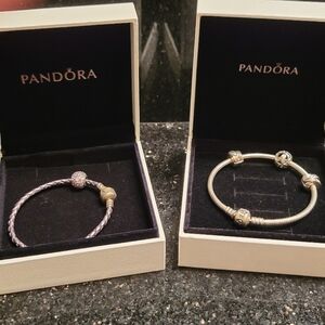 Pandora Braided Leather and Silver Chain Bracelets